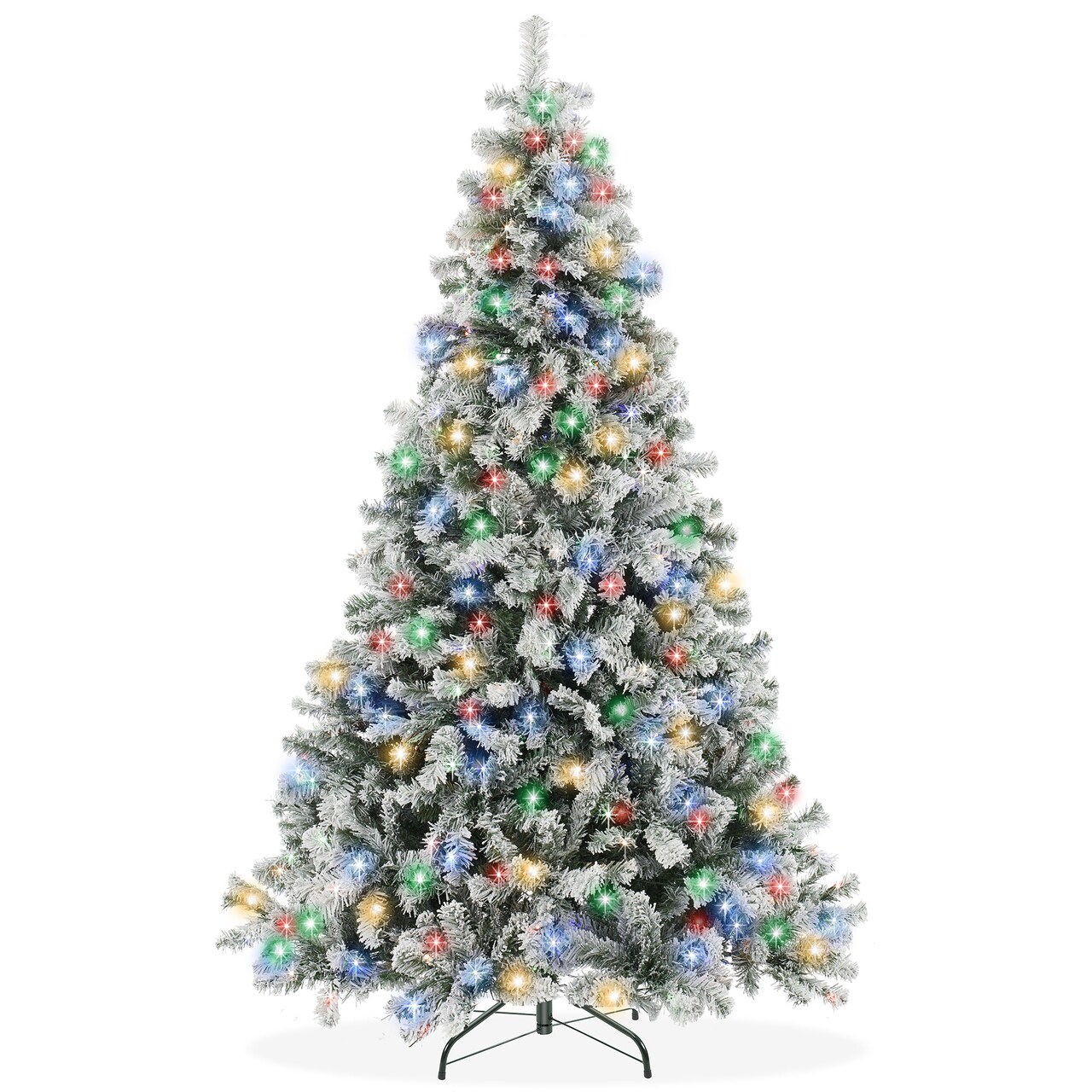 Casafield Realistic Snow-Flocked Pine with White and Multicolor LED Lights, 9 Light Sequence Artificial Holiday Christmas Tree with Sturdy Metal Stand